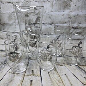 Vintage Italy Wheat Glass Pitcher & 6 Juice Glasses w Gold Trim
